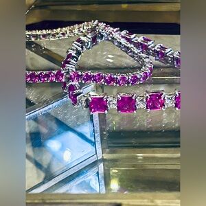 Set of 2 - Pink & Clear Princess Cut Authentic Crystal Bracelet, 925 Silver